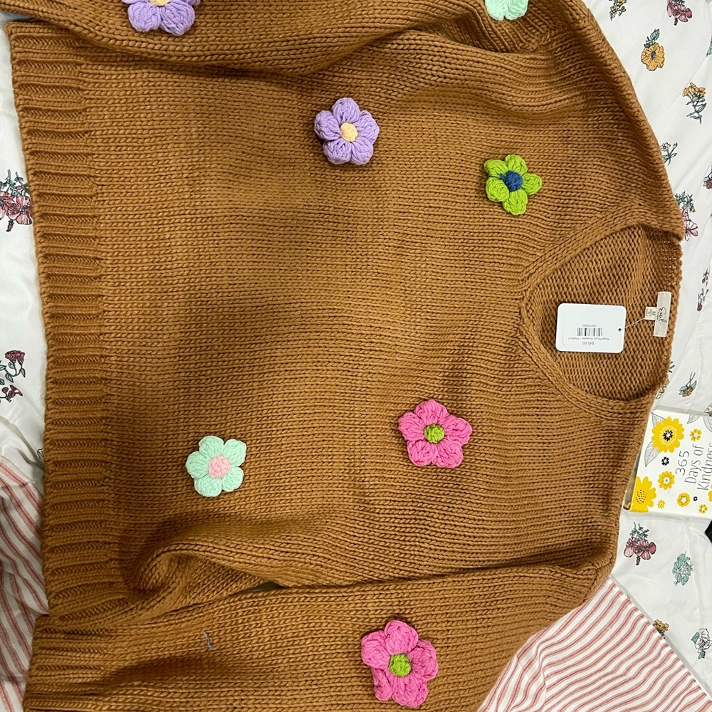 Easel Brown Sweater with Colorful Floral Accents